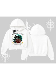 Resim Midnight Petals Kedi Baskılı Kapşonlu Crop Sweatshirt Beyaz 