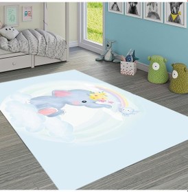 Resim Kaymaz Tabanlı Ince Yıkanabilir Çocuk Halısı Fil Bulut Çok Renkli 