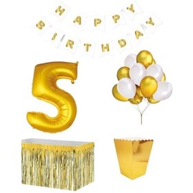 Resim 5 Yaş Beyaz Gold Balon Rakam Folyo Banner Mısır Kutusu Masa Eteğ 