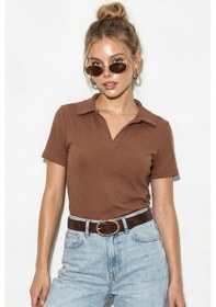 Resim Shade Kadın Fitilli Polo Yaka Kısa Kollu Basic T-shirt 60382602 - Kahve 