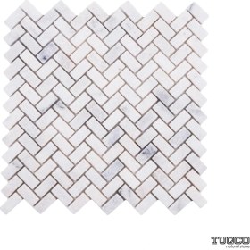 Resim Tuqco Doğaltaş Fileli Herringbone Carrara Eskitme Mermer Mozaik 