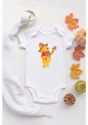 Resim Sevimli Ayı Winnie The Pooh Organik Baskılı %100 Pamuklu Beyaz Çıtçıtlı Body Zıbın Beyaz 