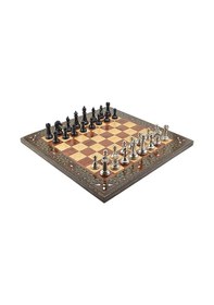 Resim Gifthome Premium Black Metal Klasik Satranç Takımı Ve El İmali Masif Ahşap Düz Gül Tahtası 45x45x2 Cm. 