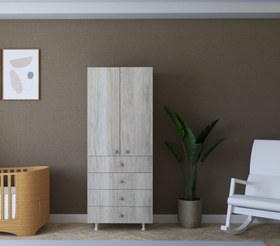 Resim Lilya Bebek Odası Dolap - 2 Kapaklı 4 Çekmeceli Askılık Dolap (Suntalam) - Mezzo Bianco / 80 cm / 30 cm 