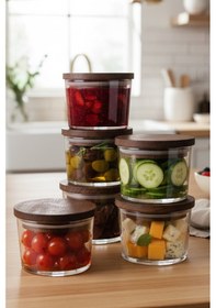 Resim Snippy Velo - 6'lı Ahşap Vakumlu Kapaklı Yuvarlak Cam Kahvaltılık Çok Amaçlı Cam Çerezlik 245 ML Ahşap 