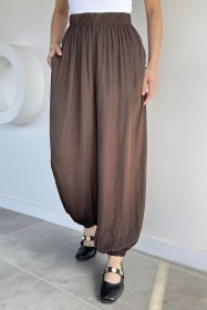 Resim Gülseli Kadın Bel Ve Paça Lastikli Şalvar Model Pantolon Kahve TZL-P-00021430 