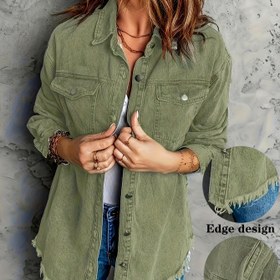 Resim Kadınlar İçin Yıpranmış Kenarlı Distressed Denim Ceket - Esnemez Günlük Düğmeli Ön Ceket, Püsküllü Kenar, Beyaz Düğme Kapatma ve Klasik Mavi Yıkama (Makinede Yıkanabilir) - Katmanlama, Kot Pantolon veya Elbiseler İçin - Sonbahar/Kış Dış Giyim 