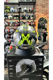 Resim Sway 715 Şeffaf Vizörlü Yarım Motosiklet Scooter Kaskı 2XL Beden Poison Black Grey Yellow 
