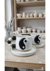 Resim El Yapımı Yın Yang Temalı Duble 2 Parçalı 2 Kişilik Seramik Kahve Fincanı Takımı 200 Ml. Beyaz - Siyah 