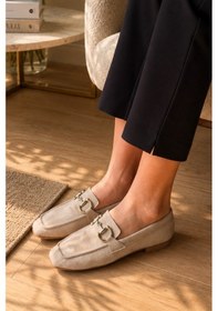 Resim Kadın Loafer Makosen Metal Tokalı Nubuk Günlük Ayakkabı Bej 