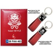 Resim Plakanıza Özel Kuru Kafa Logolu Kırmızı Ruhsat Kabı Ve Anahtarlık 
