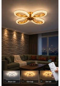 Resim Yagmur 4lu Avize 3 Renk Led Isıklı Kumandalı Salon Avize Oturma Odası Avize Gold 