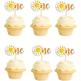 Resim 30 Adet Canlı Güneşli Cupcake Süsleri - "BİR" Temalı, Sarı & Turuncu, İlk Doğum Günü Kutlamaları & Uzay Temalı Partiler İçin Mükemmel, Pilsiz 