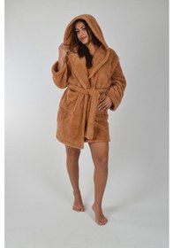 Resim Kapşonlu Unisex Wellsoft Peluş Bornozl-- L - XL-KAHVERENGİ-SABAHLIK 