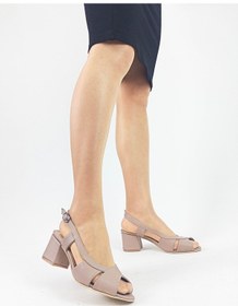 Resim Hakiki Deri Pudra Renk Kalın Topuk Kadın Topuklu Sandalet Pudra 