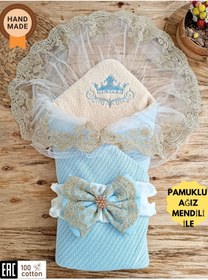 Resim Tomuycuk Triko Örgü Bebek Kundağı - Pamuklu & Dantelli Yenidoğan Bebek Battaniyesi Mavi 
