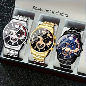 Resim 3 adet Unisex Moda Kuvars Saat - Alaşım Bant, Yuvarlak Kadran, Şok Geçirmez, Analog Ekran, Düğme Pil (Çap <20mm), Siyah ve Altın Detaylar, Erkekler ve Kadınlar için Şık, Günlük Kol Saati | Zarif Kol Saati | Alaşım Saat Bantı 