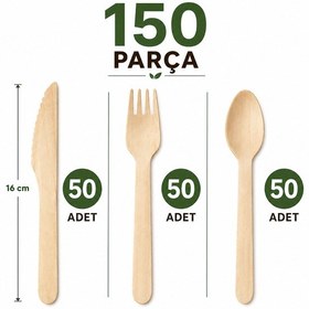 Resim Doğa Dostu Ahşap Çatal Bıçak Kaşık Seti 3x50'li Paket Açık Ahşap 