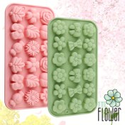 Resim Çeşitli Çiçek ve Yaprak Şekillerine Sahip 2'li Silikon Çikolata Kalıpları, Pembe ve Yeşil Renkte Sevimli Kek Süsleme Araçları DIY Puding Kurabiye Kalıbı 