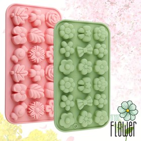 Resim Çeşitli Çiçek ve Yaprak Şekillerine Sahip 2'li Silikon Çikolata Kalıpları, Pembe ve Yeşil Renkte Sevimli Kek Süsleme Araçları DIY Puding Kurabiye Kalıbı 