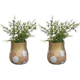 Resim 2 Adet Vazo Dahil,vazoda Çiçek,beyaz Yapay Çiçek,vazo Dekoratif Altın Puanlı Poliresin 9x9x15cm Çok Renkli 