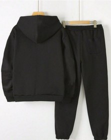 Resim Pens Yazılı Kışlık Alt Üst Takımı Sweatshirt Eşofman Altı - Siyah Baskılı Oversize Kapüşonlu Siyah 