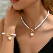 Resim 18K Altın Kaplama Akrilik İnci ve Kalp Kolye ve Bileklik Seti, Lüks Moda Takı, Çinko Alaşım Aksesuarlar, 15 Yaş Üstü Kadınlar İçin Elegant Glam Stil 