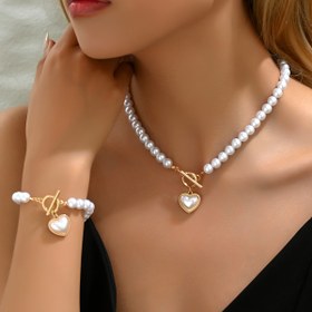 Resim 18K Altın Kaplama Akrilik İnci ve Kalp Kolye ve Bileklik Seti, Lüks Moda Takı, Çinko Alaşım Aksesuarlar, 15 Yaş Üstü Kadınlar İçin Elegant Glam Stil 