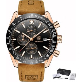 Resim Hanyang L Kahverengi Altın Siyah B Benyar Erkek Saatler Marka Lüks Silikon Kayış Su Geçirmez Spor Kuvars Chronograph Askeri Izle Erkekler Saat Relogio Masculino (Yurt Dışından) 