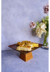 Resim Justwood Ligna Melamin Ahşap Rölyefli 22 Cm Piramit Ayaklı Pasta Tabağı, Servis Tabağı, Sunumluk Koyu Kahverengi 