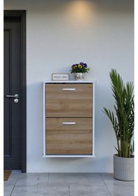 Resim Eliusta Holen Meşe Renk Ayakkabılık 2 Düşer Kapak 52 Cm Genişlik Kapı Önü Asma Ayakkabılık 52x74x26 Cm Meşe 