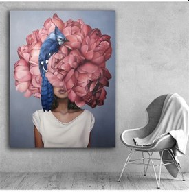 Resim Pembe Güllü Mavi Kuşlu Kadın Kanvas Tablo 