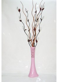 Resim 60 Cm Pembe Desenli Uzun Vazo 5 Adet Beyaz Üzüm 5 Adet Kahve Dal 