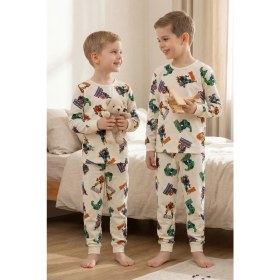 Resim Zuzunga Süper Kahramanlar Desenli %100 Pamuk Beyaz Erkek Çocuk Pijama Takımı 