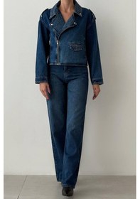 Resim Lacarino 7757 Taşlı Kadın Jean Ceket Blue 