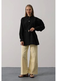 Resim Defymoda Kuşak Detaylı Tunik Gömlek - Siyah Siyah 