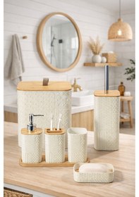 Resim Makri Home Desenli 7 Parça Bambu Kapaklı Ve Aksesuarlı Banyo Seti Mavi 
