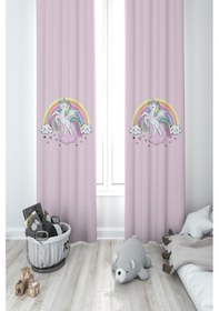 Resim Mekta Home Bebek Ve Çocuk Odası Gökuşağı Ve Unicorn Desenli Pembe 2 Kanat Fon Perde 