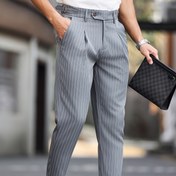 Resim Erkekler için Rahat ve Şık Çizgili Dar Kesim Pantolonlar - Açık Gri, Polyester, Tüm Mevsimler İçin İş Pantolonları, Rahat Kıyafetler|Çizgili Desen|Polyester Kumaş 