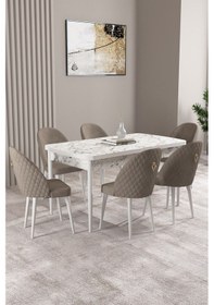 Resim Milas Beyaz Mermer Desen 80x132 Mdf Açılabilir Yemek Masası Takımı 6 Adet Sandalye Cappucino 