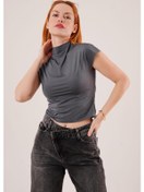 Resim Boğazlı Parlak Kumaş Antrasit Crop Antrasit 