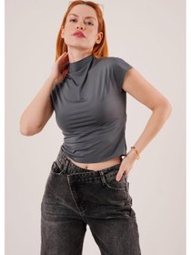 Resim Boğazlı Parlak Kumaş Antrasit Crop Çok Renkli 