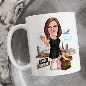 Resim Dünyayı Gezen Kadın Karikatürlü Kupa Bardak 