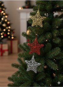 Resim 6 Adet Yılbaşı Ağacı Tel Yıldız Süs 12 Cm - 3 Boyutlu Karışık Renkli Mix Lüks Dekorasyon Seti Diğer 