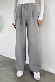 Resim Kadın Bel Bağcıklı Bol Paça Pantolon Gri TZL-P-00020324 
