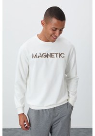 Resim Tommy Life Ekru Yazı Nakışlı O Yaka Rahat Form İçi Polarlı Erkek Sweatshirt - 88020 Ekru 