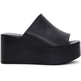 Resim Women's Black Wedge Heeled Leather Slippers 