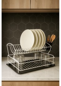 Resim Paslanmaz Metal 2 Katlı Bulaşık Kurutma Sepeti - Tezgah Üstü Bulaşıklık Teli - Beyaz Beyaz 