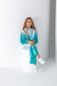 Resim Kız Çocuk Pliseli Arkadan Fermuarlı Çicek Baskılı Bluz - Turkuaz/Mint - 8 Yaş 
