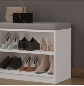 Resim Asra Trend MDF Puflu Ayakkabılık – 2 Raflı, 60 cm, Oturaklı Ayakkabı Düzenleyici, PUF02 Beyaz 